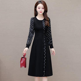 QYM-246591黑色波点连衣裙春季新款长袖裙时尚气质女装中长款A字裙