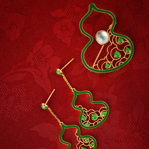 龢盒原创 18k金镶翡翠葫芦珐琅胸针/耳饰套 胸针耳环 商品图1