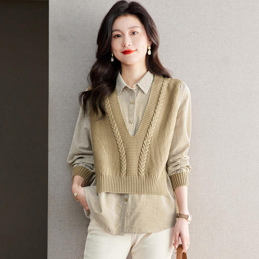 CC-QLS6651衬衫拼接假两件针织衫卫衣女早春秋打底内搭遮屁股毛衣长袖上衣服 商品图1