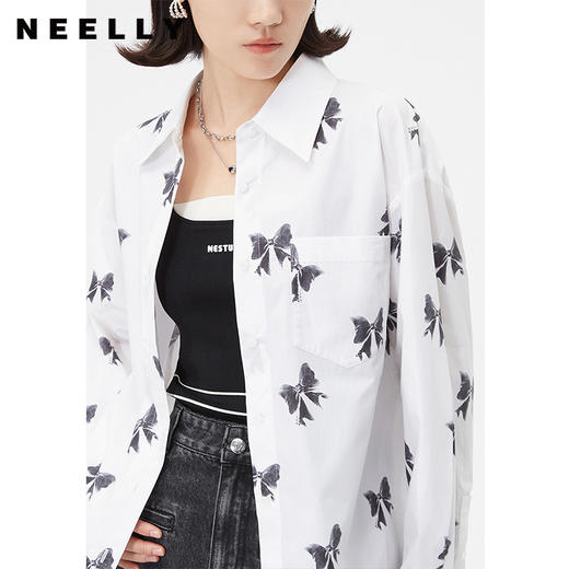 NEELLY纳俪商场同款春季纯棉衬衣女时尚撞色印花宽松翻领长袖外套N24021B01070 商品图2