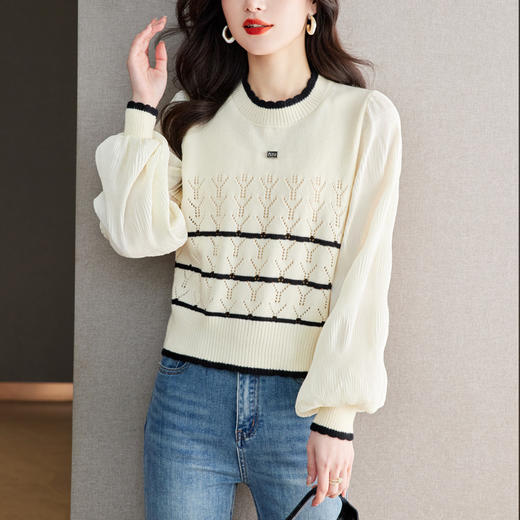 CC-QLS6669早春新款上衣假两件镂空针织衫薄款衬衫雪纺拼接长袖t恤女 商品图1