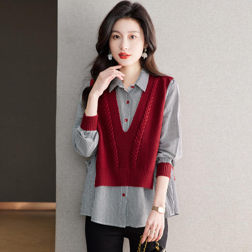 CC-QLS6651衬衫拼接假两件针织衫卫衣女早春秋打底内搭遮屁股毛衣长袖上衣服 商品图0