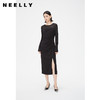 NEELLY纳俪商场同款春季黑色抽褶显瘦连衣裙女修身开叉长袖中长裙N24021Y01082 商品缩略图0