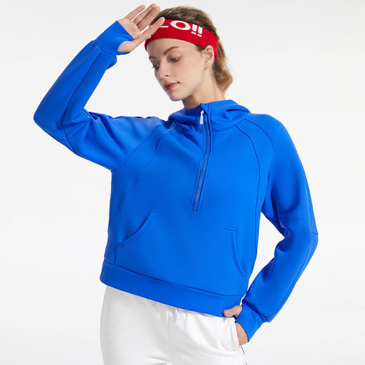 范斯蒂克加绒运动卫衣女专业跑步训练保暖半拉链连帽瑜伽健身卫衣 商品图5