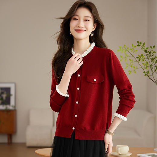 CC-J483木耳边针织开衫女短款外套春秋2024新款春季红色毛衣洋气早秋外搭 商品图0