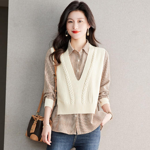 CC-QLS6651衬衫拼接假两件针织衫卫衣女早春秋打底内搭遮屁股毛衣长袖上衣服 商品图2