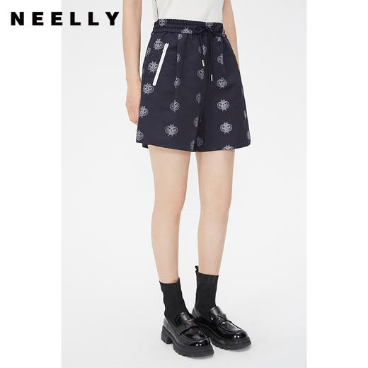 NEELLY纳俪商场同款春季撞色高腰短裤女复古印花松紧腰直筒休闲裤N24021H01094 商品图2