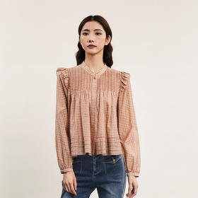 谜底格子衬衫长袖女2024春款复古特色宽松圆领亲肤衬衣241MS0082