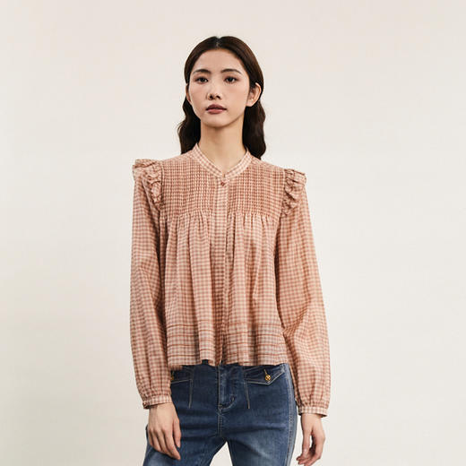 谜底格子衬衫长袖女2024春款复古特色宽松圆领亲肤衬衣241MS0082 商品图0