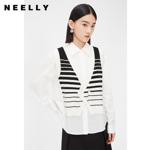 NEELLY纳俪商场同款假两件衬衫女春温柔别致马夹黑白条纹小众上衣N24021A01066 商品图0