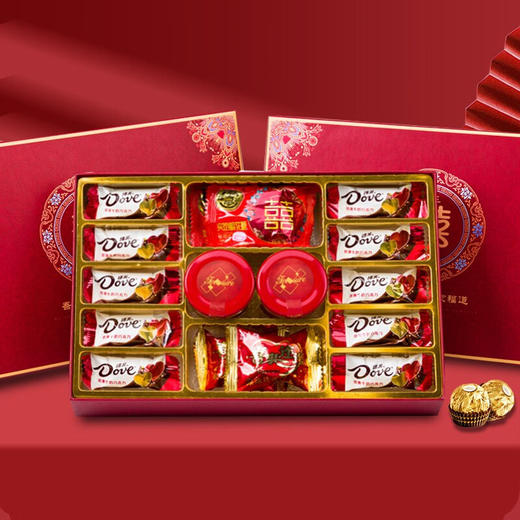 【吾家有喜！德芙喜糖礼盒套装】百家福道，经典中式结婚专用成品含糖婚礼手提搭配回礼满月混合糖果糖盒 商品图2