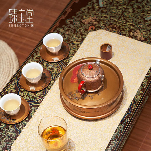 臻宝堂纯铜干泡台纯手工雕刻松树壶承家用功夫茶具镂空蓄水式茶台铜配件 鸿飞松月茶台 容量约800ml 商品图4