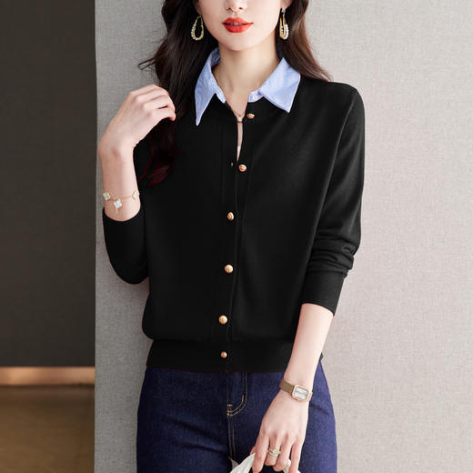 CC-QLS6655假两件衬衫领针织开衫女春秋季内搭本命年翻领短款毛衣外套上衣女 商品图2