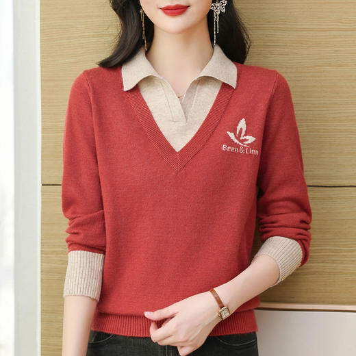 CC-101-51855假两件针织衫女春秋季毛衣2024年新款翻领长袖打底上衣设计感小众 商品图0
