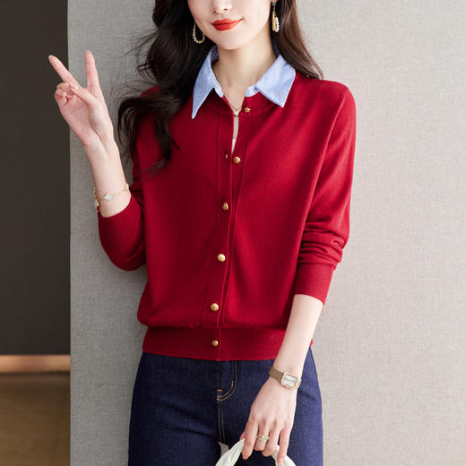 CC-QLS6655假两件衬衫领针织开衫女春秋季内搭本命年翻领短款毛衣外套上衣女 商品图1