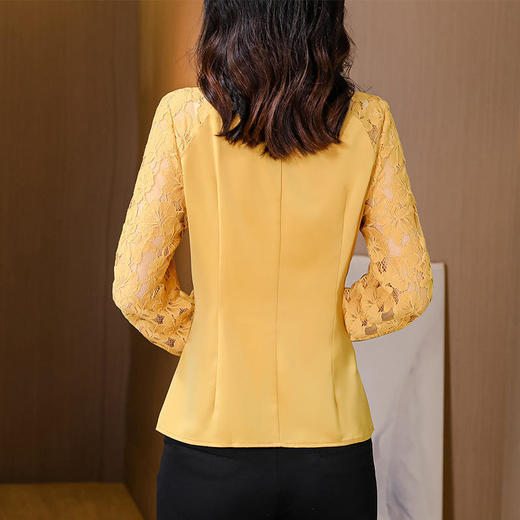 KQL-6932中国风盘扣蕾丝拼接上衣女2024春设计感立领显瘦国风修身长袖衬衫 商品图1