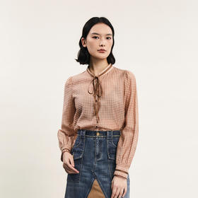 谜底格子衬衫长袖女2024春新款复古风圆领宽松格纹衬衣241MC0161