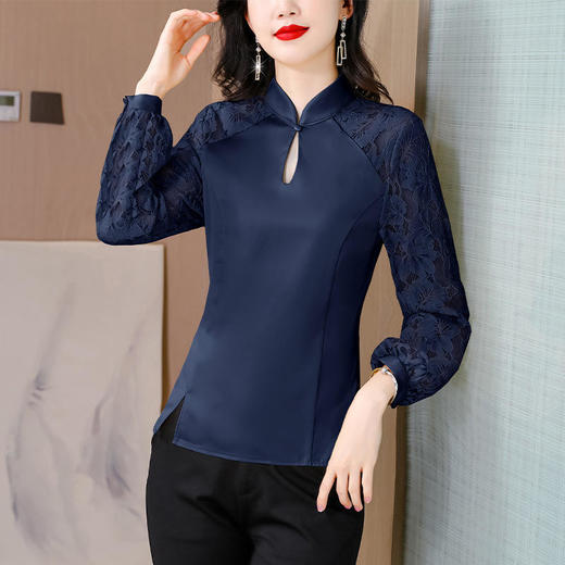 KQL-6932中国风盘扣蕾丝拼接上衣女2024春设计感立领显瘦国风修身长袖衬衫 商品图3