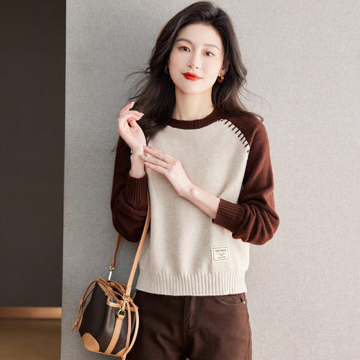 CC-MY-1066撞色年轻打底衫女2024新款春秋内搭毛衣长袖上衣圆领针织上衣 商品图2