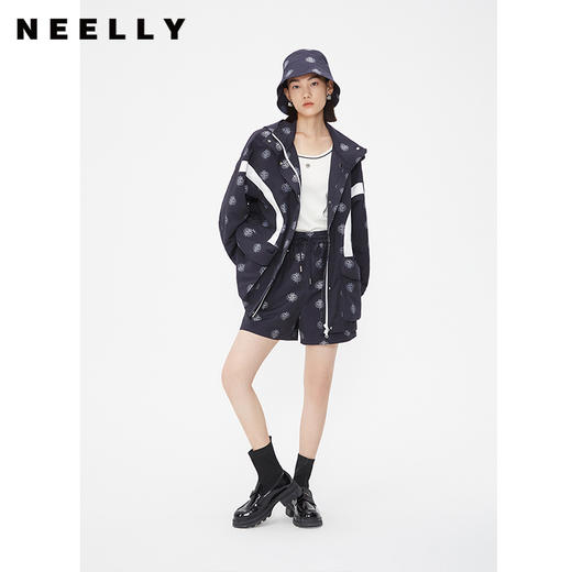 NEELLY纳俪商场同款春立领通勤一手长风衣女连帽印花时尚撞色上衣N24021F01080 商品图1