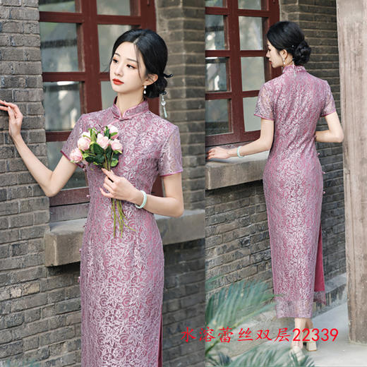 SYK22339 时尚水溶蕾丝长款双层短袖旗袍2024春夏新款改良日常旗袍裙 商品图0