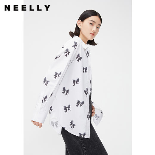 NEELLY纳俪商场同款春季纯棉衬衣女时尚撞色印花宽松翻领长袖外套N24021B01070 商品图0