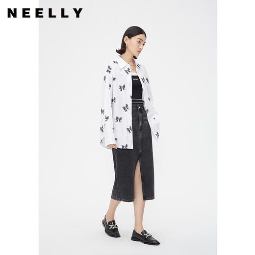 NEELLY纳俪商场同款春季纯棉衬衣女时尚撞色印花宽松翻领长袖外套N24021B01070 商品图1