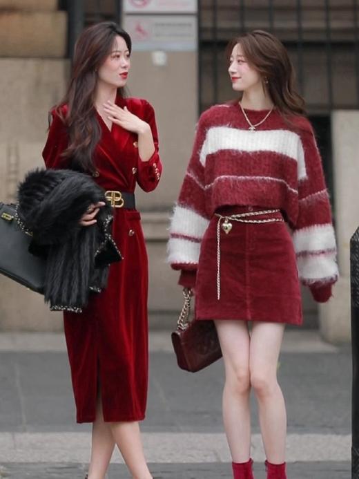 【两件套❗️红色条纹毛衣+红色半身裙套装】大码女装秋冬女2022新款法式条纹针织衫高腰a字半身裙 商品图4