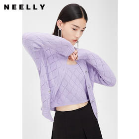 NEELLY纳俪商场同款春季针织开衫套装女紫色圆领爱心纽扣吊带背心N24021A01064