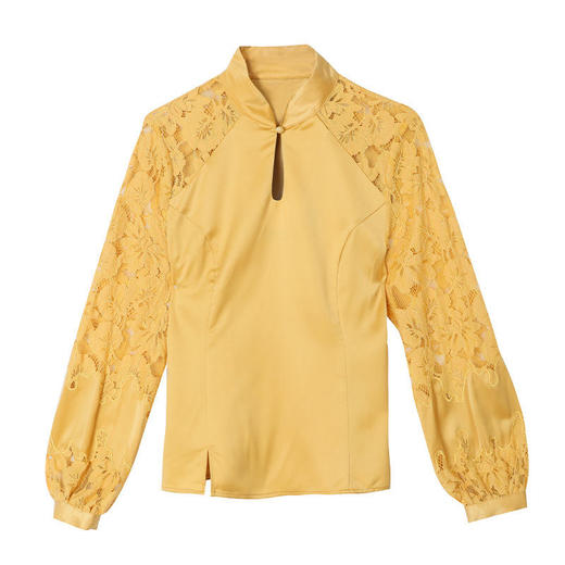 KQL-6932中国风盘扣蕾丝拼接上衣女2024春设计感立领显瘦国风修身长袖衬衫 商品图4