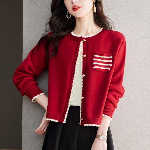 CC-QLS6657小香风针织开衫女外搭春秋2024新款法式本命年毛衣外套上衣潮 商品图0