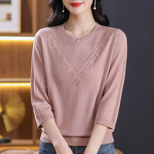 CC-101-31721春装七分袖圆领短款针织上衣女2024新款春季中袖打底衫宽松薄毛衣 商品图1