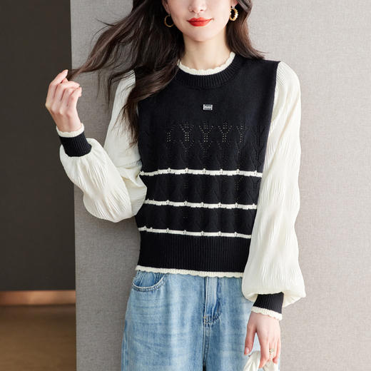 CC-QLS6669早春新款上衣假两件镂空针织衫薄款衬衫雪纺拼接长袖t恤女 商品图0