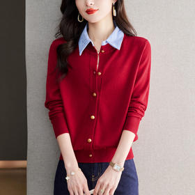 CC-QLS6655假两件衬衫领针织开衫女春秋季内搭本命年翻领短款毛衣外套上衣女