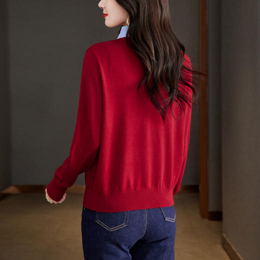 CC-QLS6655假两件衬衫领针织开衫女春秋季内搭本命年翻领短款毛衣外套上衣女 商品图3