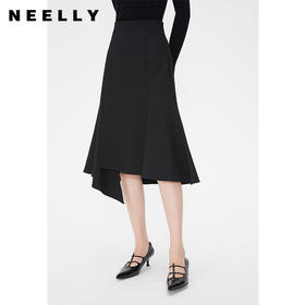 NEELLY纳俪商场同款春季高腰黑色包臀鱼尾裙纯色垂感不规则半身裙N24021E01088