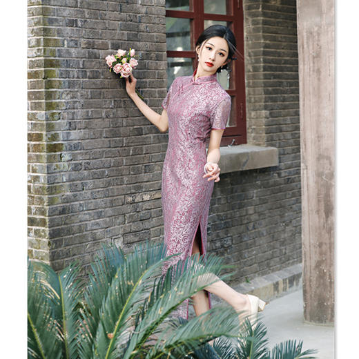 SYK22339 时尚水溶蕾丝长款双层短袖旗袍2024春夏新款改良日常旗袍裙 商品图2