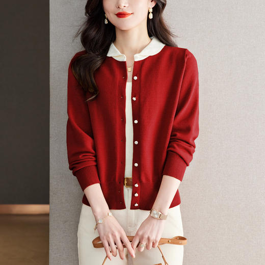 CC-QLS6660小香风外套女本命年新年拼色长袖开衫针织衫2024春秋新款外搭 商品图0