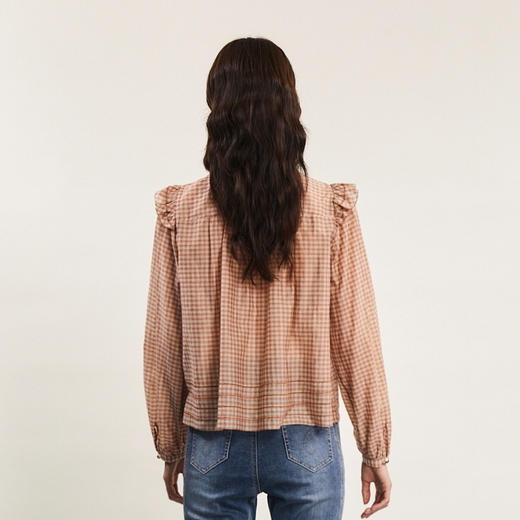 谜底格子衬衫长袖女2024春款复古特色宽松圆领亲肤衬衣241MS0082 商品图2