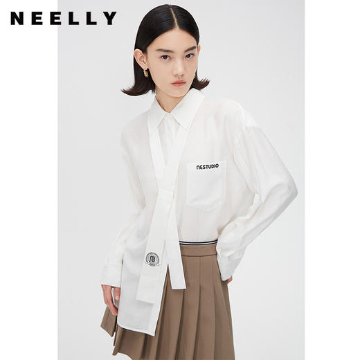 NEELLY纳俪商场同款春翻领白色衬衫女时尚领带设计感独特别致上衣N24021B01071 商品图0