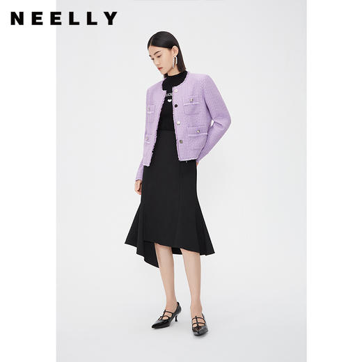 NEELLY纳俪商场同款春季高腰黑色包臀鱼尾裙纯色垂感不规则半身裙N24021E01088 商品图2
