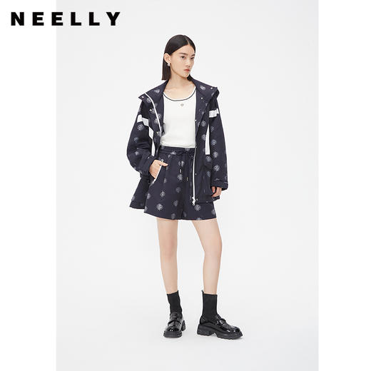 NEELLY纳俪商场同款春季撞色高腰短裤女复古印花松紧腰直筒休闲裤N24021H01094 商品图1