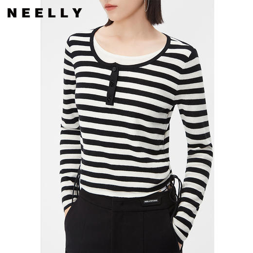 NEELLY纳俪商场同款春假两件黑白条纹针织衫女抽褶显瘦设计感上衣N24021A01065 商品图2