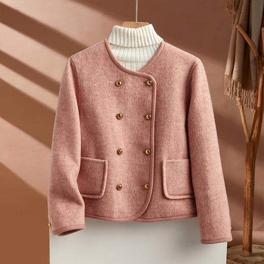 ALBB-2023秋冬新款小香风双排扣毛呢外套女休闲针织边圆领气质羊毛大衣 商品图0