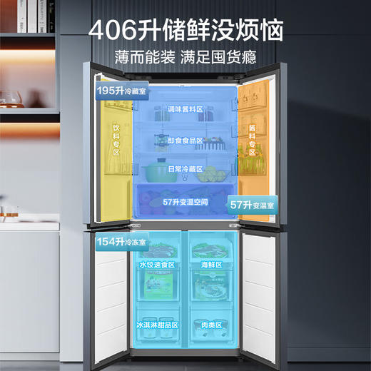 美的61厘米薄406升一级智能双变频十字对开双开门四开门家用电冰箱大容量BCD-406WSPZM(E) 商品图1