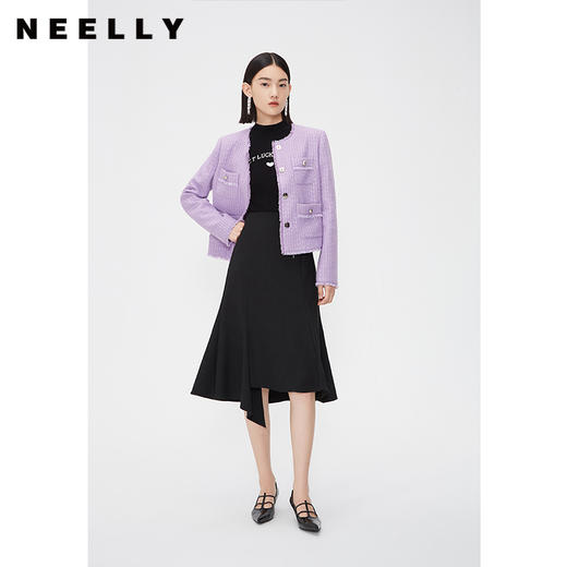 NEELLY纳俪商场同款春季高腰黑色包臀鱼尾裙纯色垂感不规则半身裙N24021E01088 商品图1