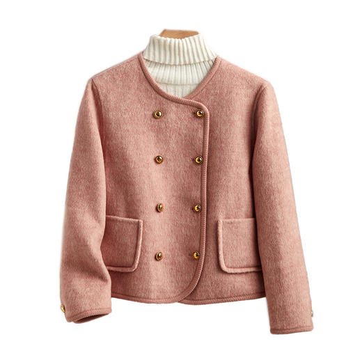 ALBB-2023秋冬新款小香风双排扣毛呢外套女休闲针织边圆领气质羊毛大衣 商品图4