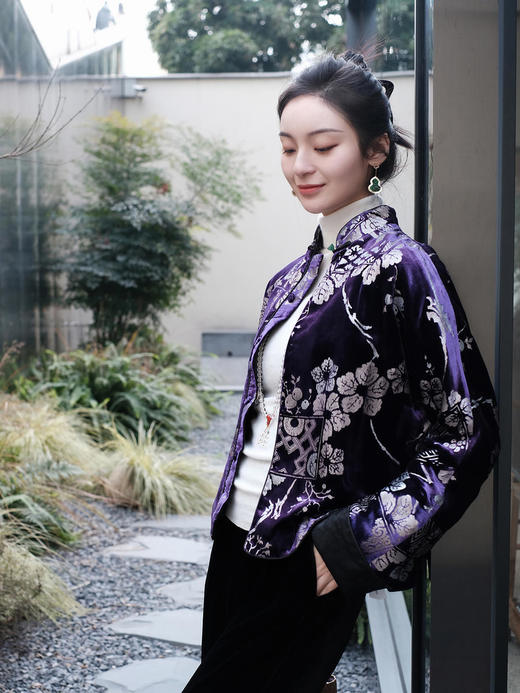 盛唐牡丹 |丝绒烫银小立领外套(不夹棉） 商品图0