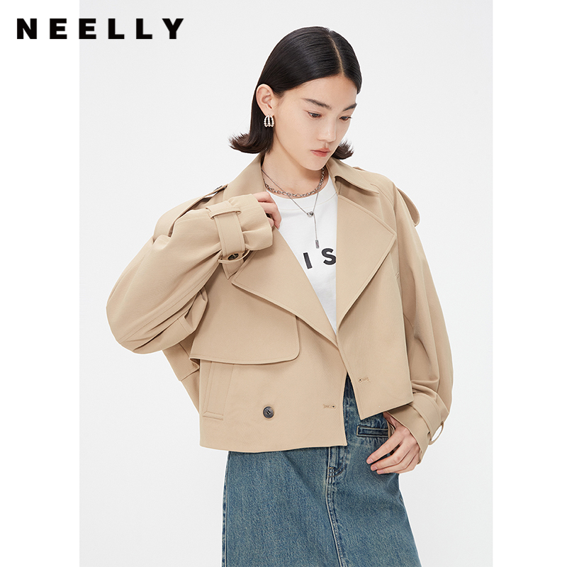NEELLY纳俪商场同款春季卡其色风衣外套女短款英伦风翻领工装夹克N24021F01079