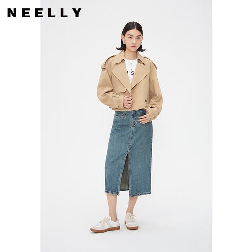 NEELLY纳俪商场同款春季卡其色风衣外套女短款英伦风翻领工装夹克N24021F01079 商品图1